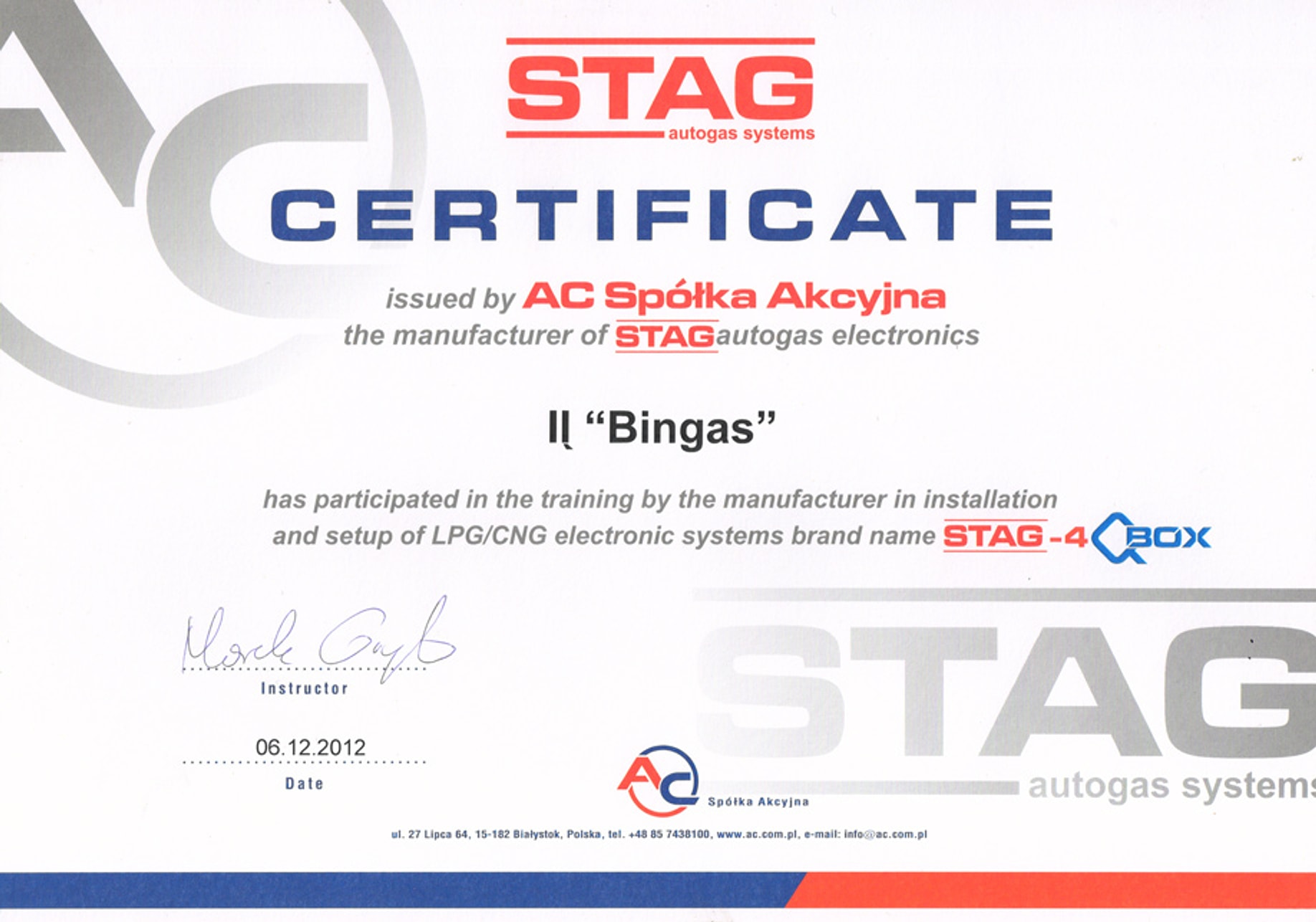 STAG autogas montavimo sertifikatas IĮ Bingas